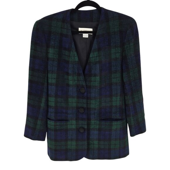 Liz Claiborne size 4 green blue Tartan plaid 3 button long blazer wool blend - Picture 1 of 13